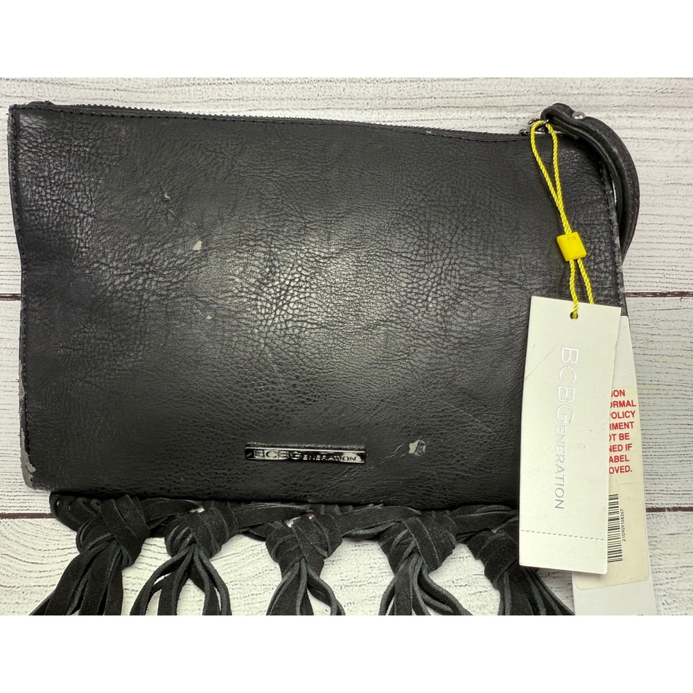 BCBGeneration Black Faux Leather Fringe Clutch Evening Bag - Picture 2 of 6